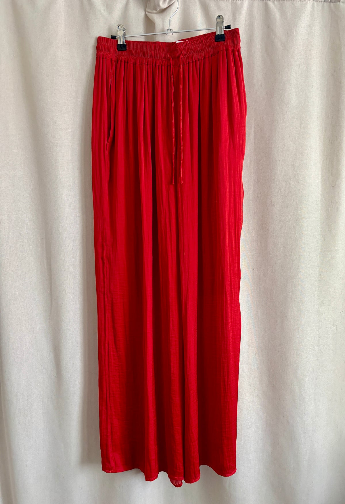 Red Crinkle Satin Wide Leg Pants | Fits M