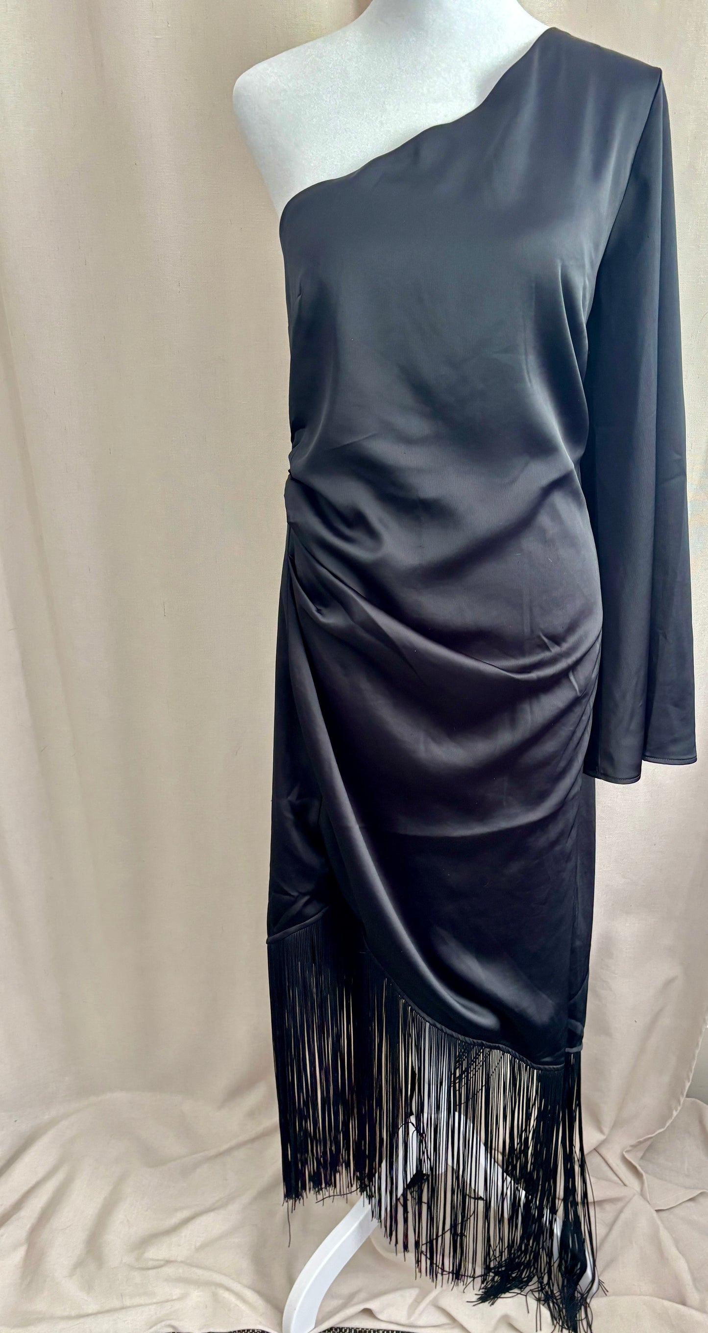 H&M Satin Fringe One-Sleeve Dress | Size M