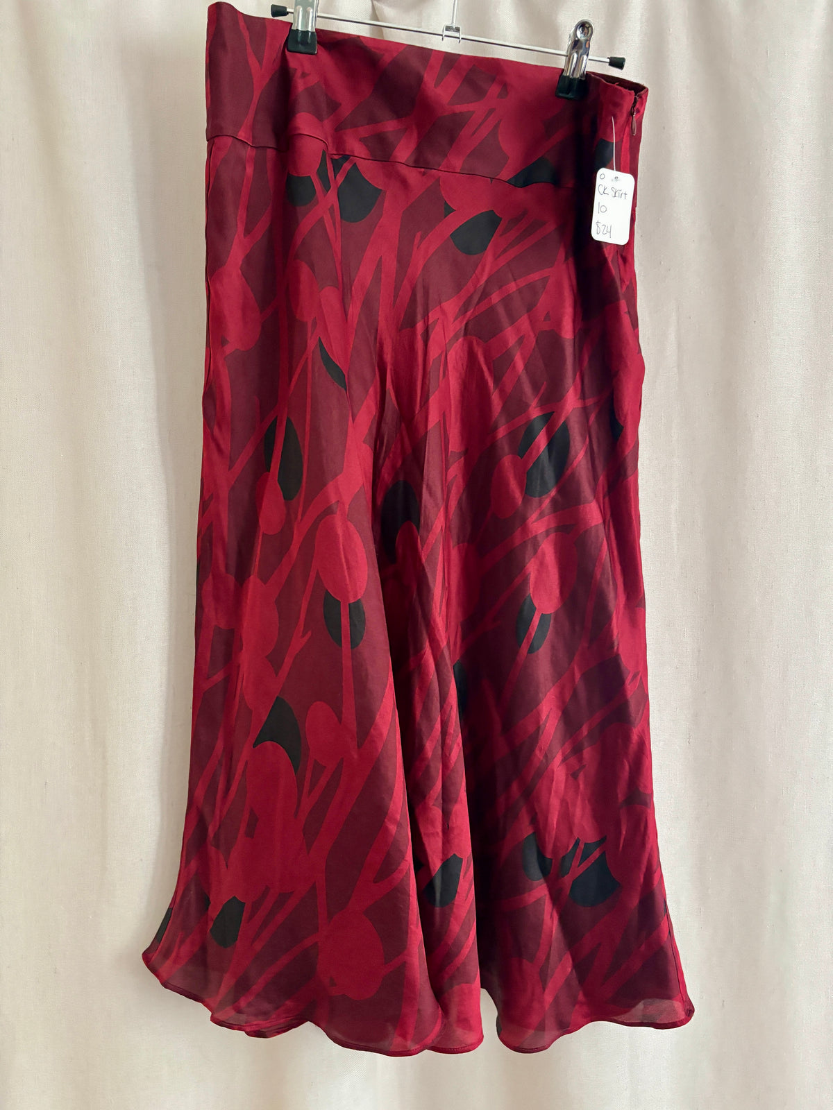 Calvin Klein Silk Midi Skirt — Red & Black Pattern | 10