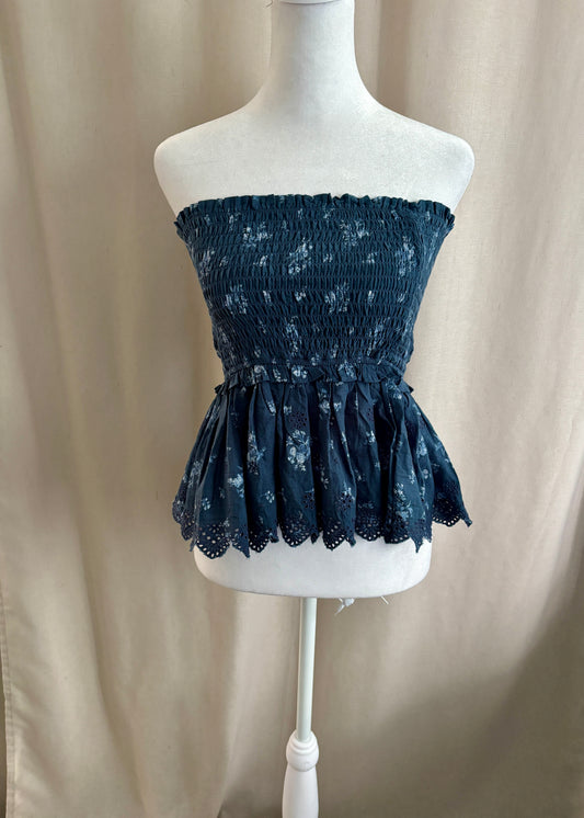 American Eagle Poplin Peplum Tube Top — Blue Floral | M