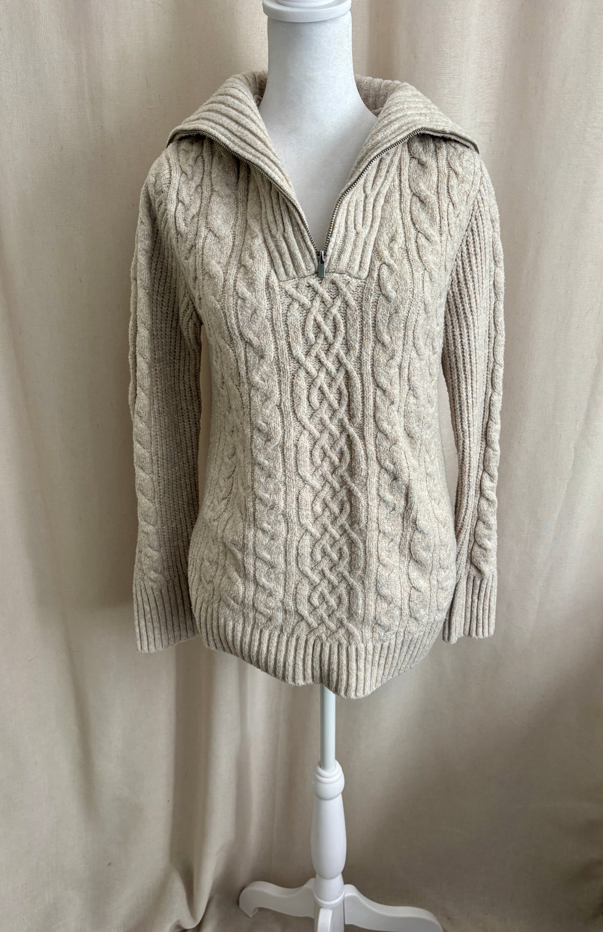 Happily Grey Cable Knit Zipper Collar Sweater — Size S
