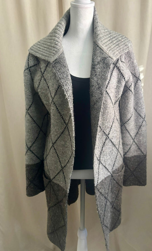 Tahari Grey Argyle Wool Collared Coatigan | Size M