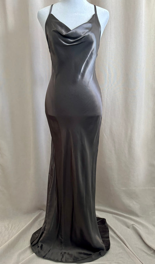 Charcoal Satin Bias-Cut Cowl Neck Dress | Size 4