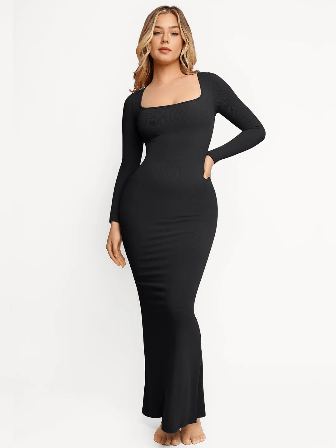 Popilush Shapewear Square Neck Long Sleeve Slimming Maxi Dress - XL