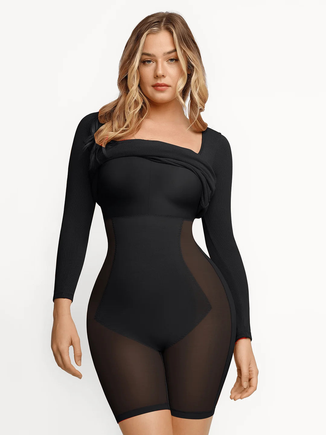Popilush Shapewear Square Neck Long Sleeve Slimming Maxi Dress - XL