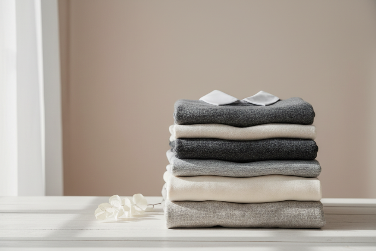 A pile of folded neutral women's clothes in a light and airy background.  Include charcoal, grey, cream in the picture.