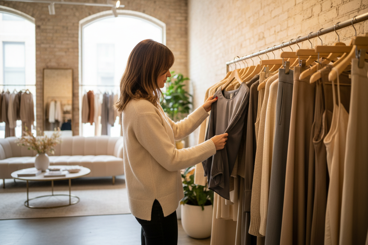 a woman looking through clothes on a rack with neutral colors including cream, beige, charcoal and grey