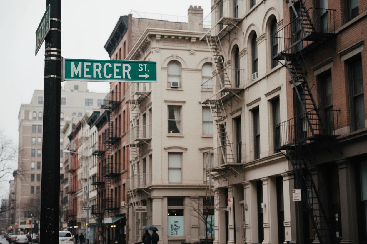 mercer street street sign new york, neutral colors with buildings in the background and street sign on left side of image